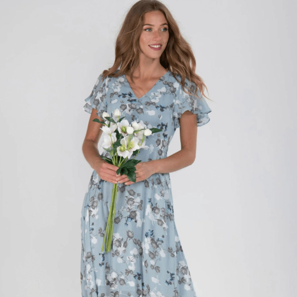 Women's Flutter-Sleeve V-Neck Floral Dress Maxi Length
