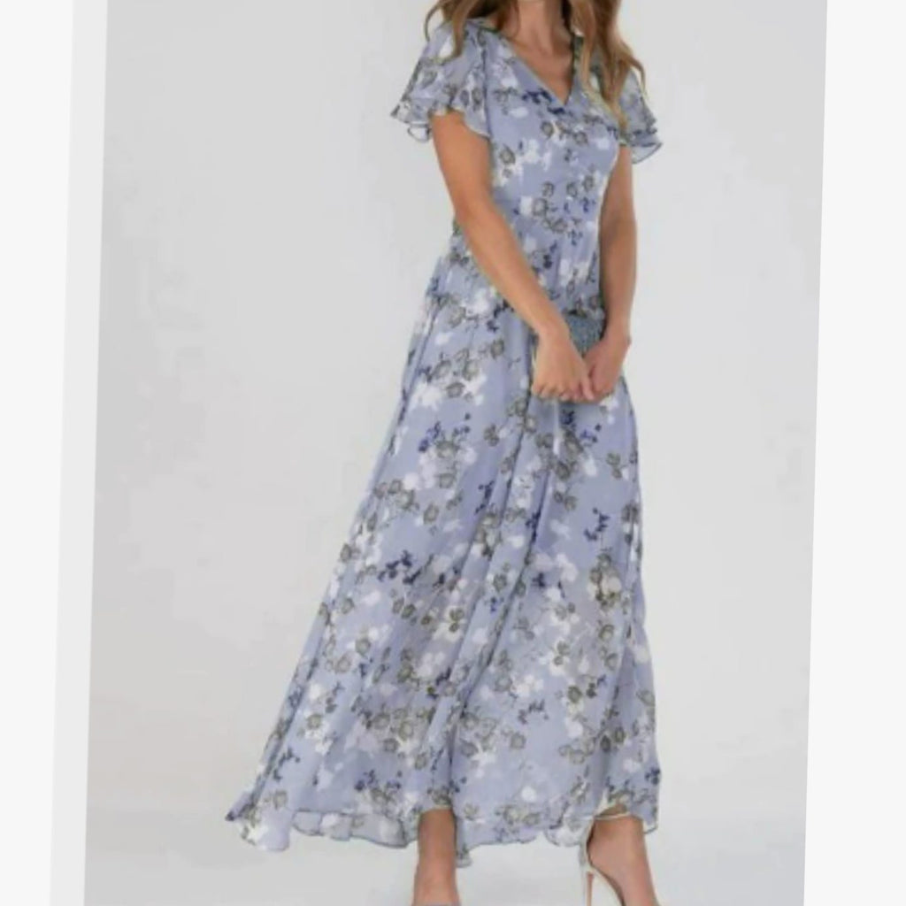 Women's Flutter-Sleeve V-Neck Floral Dress Maxi Length - Purple