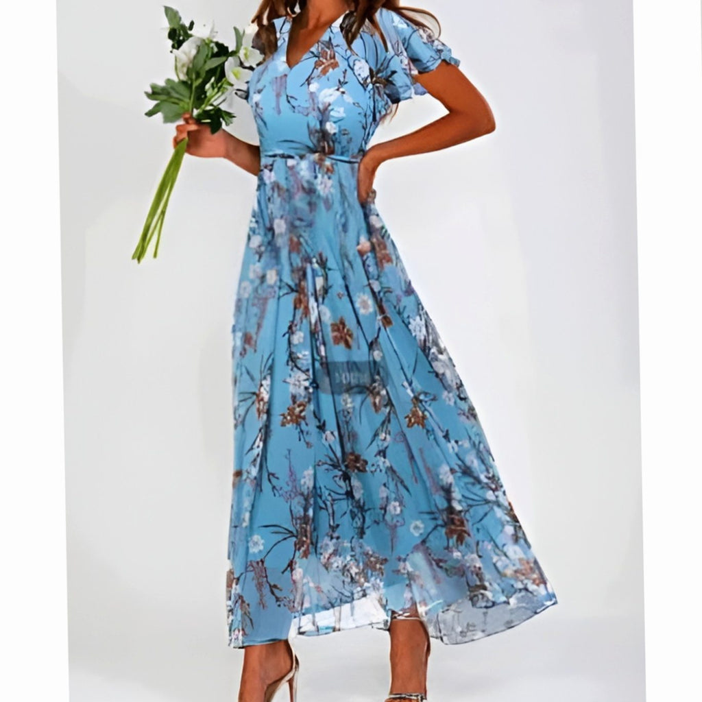Women's Flutter-Sleeve V-Neck Floral Dress Maxi Length