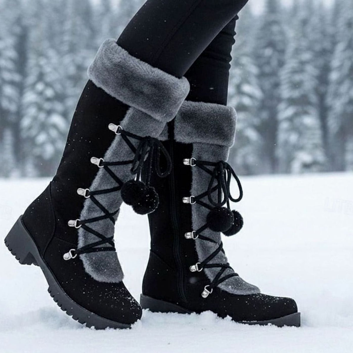 Women's Foldover Fur-Trimmed Lace-Up Mid-Calf Snow Boots - Black