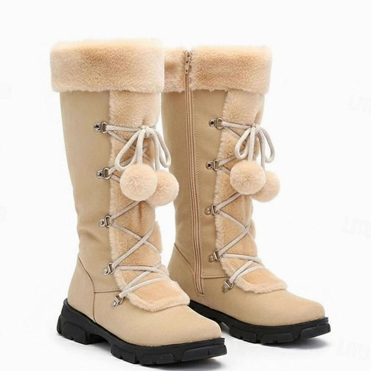 Women's Foldover Fur-Trimmed Lace-Up Mid-Calf Snow Boots - Beige