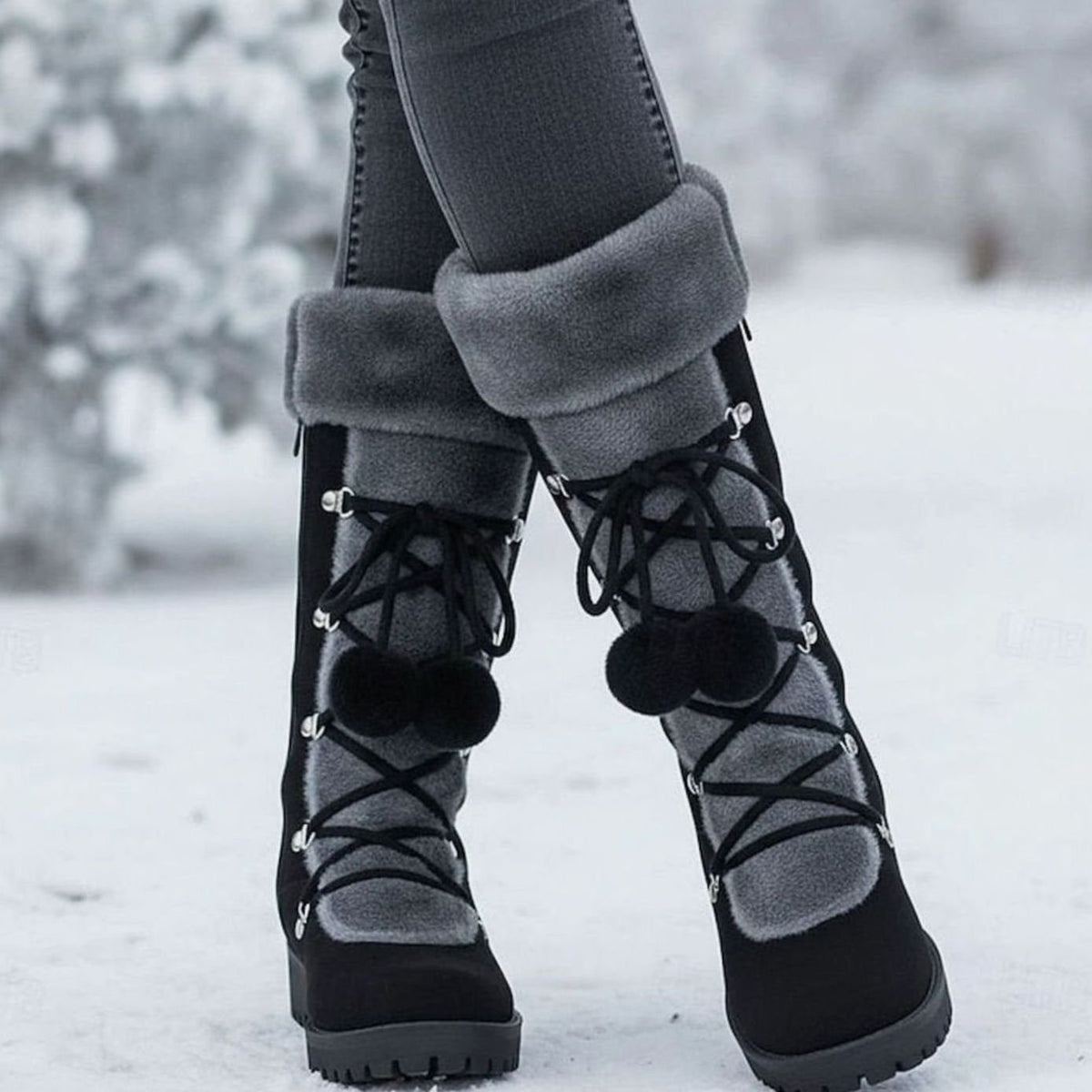 Women's Foldover Fur-Trimmed Lace-Up Mid-Calf Snow Boots