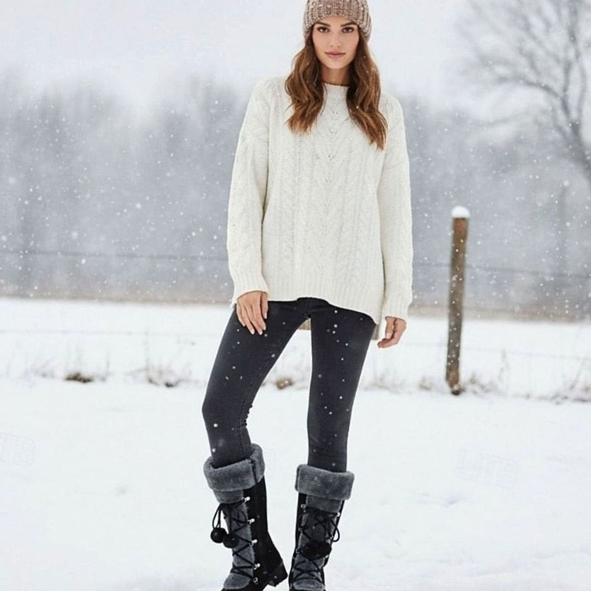 Women's Foldover Fur-Trimmed Lace-Up Mid-Calf Snow Boots