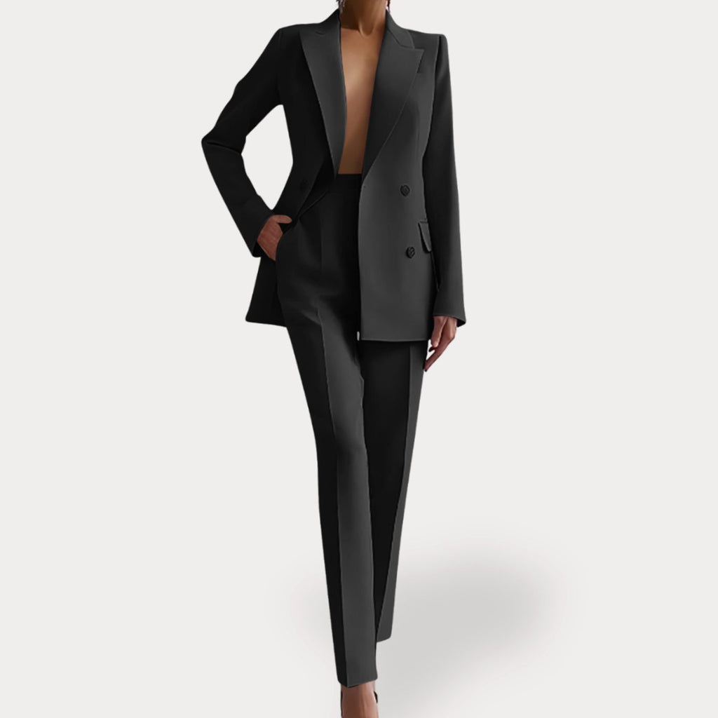 Women's Formal Tailored Suit Set Double-Breasted Long Blazer Pants - Black