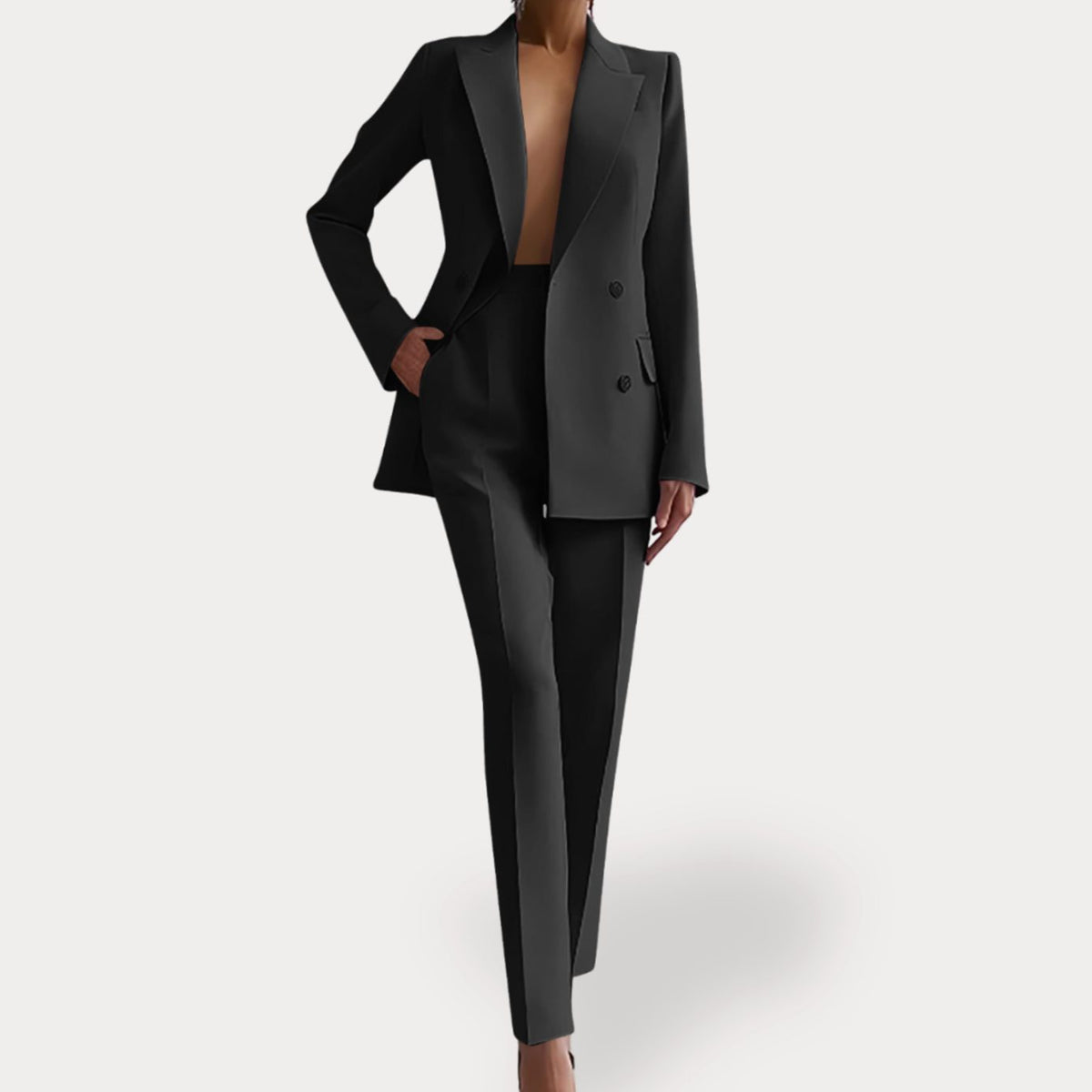 Women's Formal Tailored Suit Set Double-Breasted Long Blazer Pants - Black