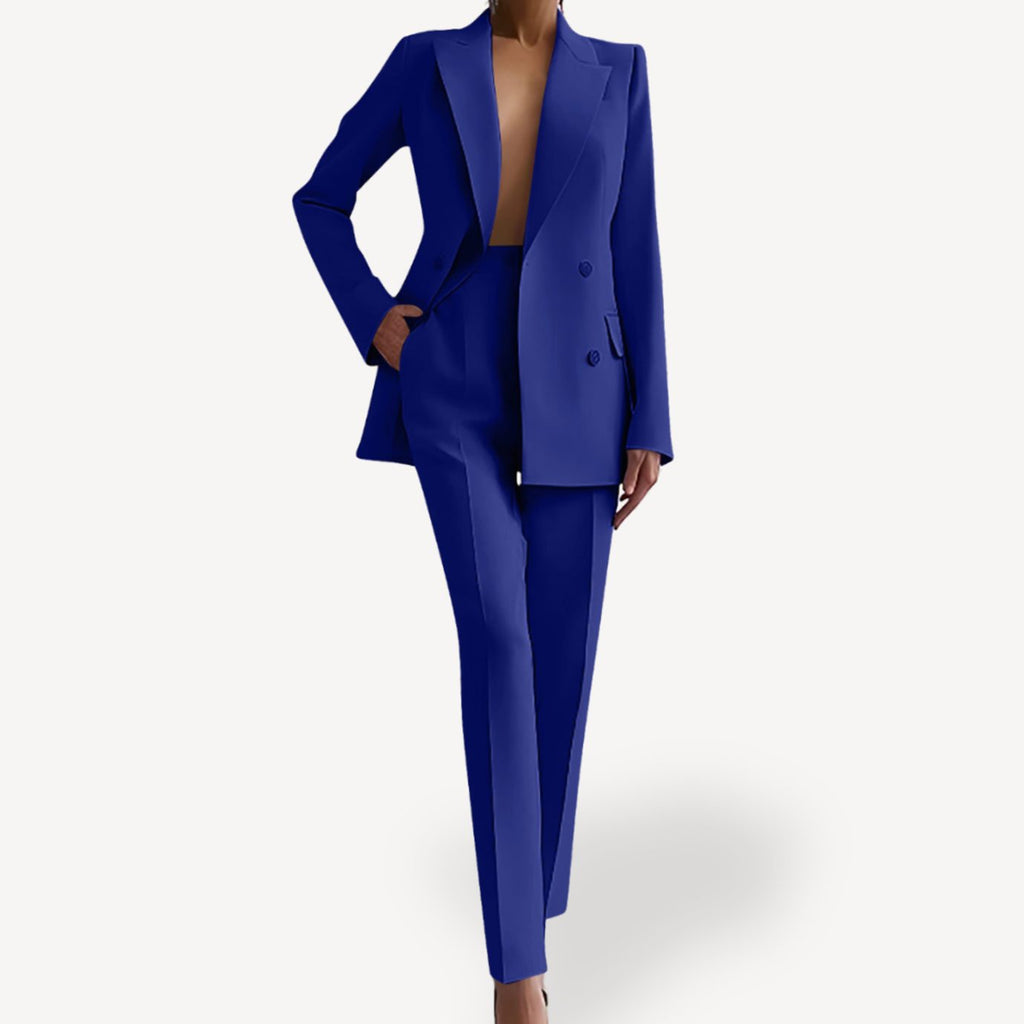 Women's Formal Tailored Suit Set Double-Breasted Long Blazer Pants - Blue