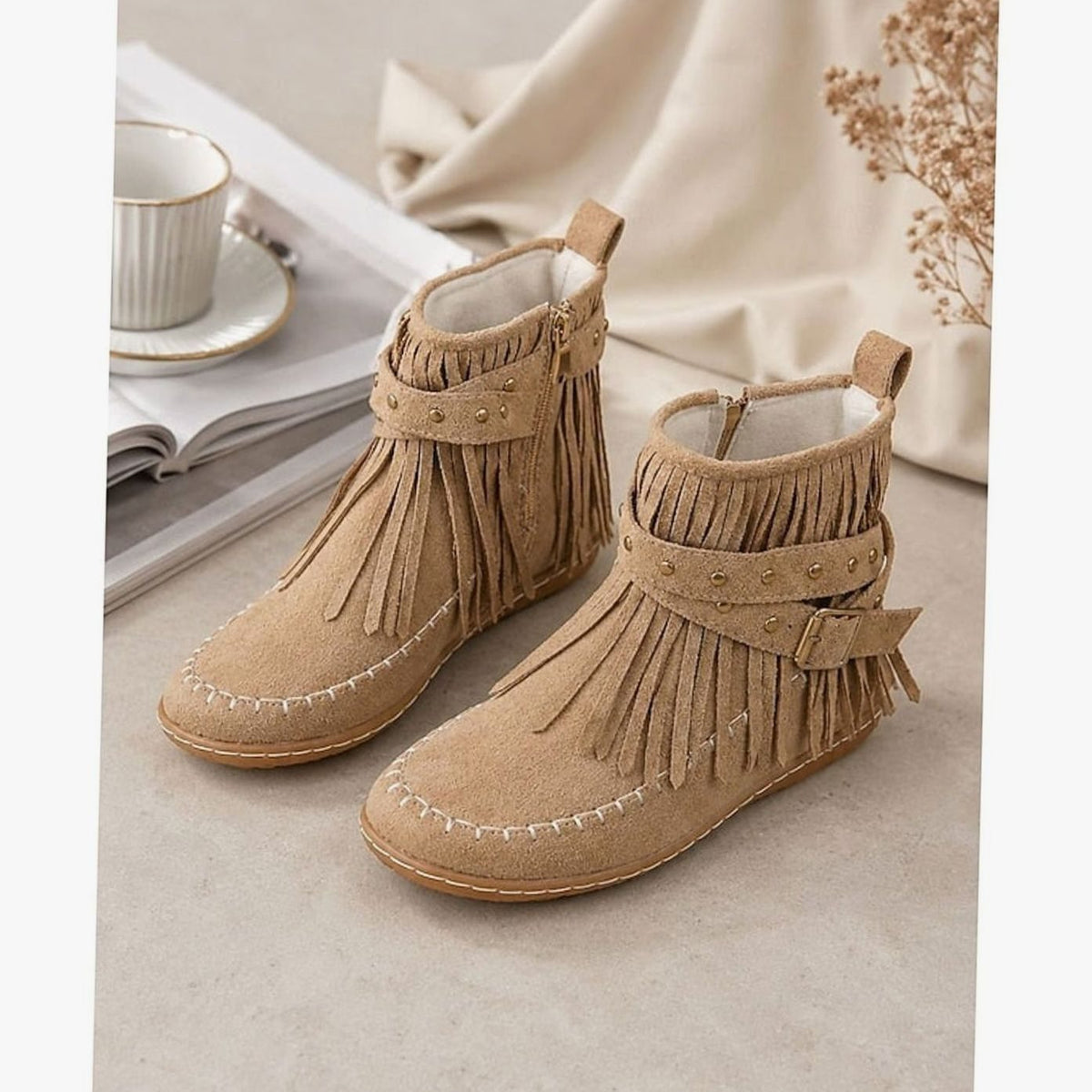 Women's Fringe Moccasin Flat Ankle Boots Buckle Strap Side Zip