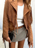 Women's Fringed Suede-Feel Cropped Short Jacket - Brown