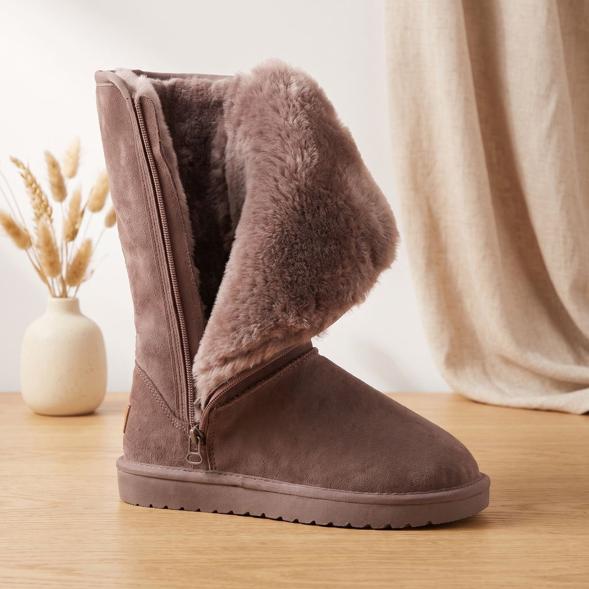 Women's Fur-Lined Genuine Leather Knee High Boots Waterproof - Brown