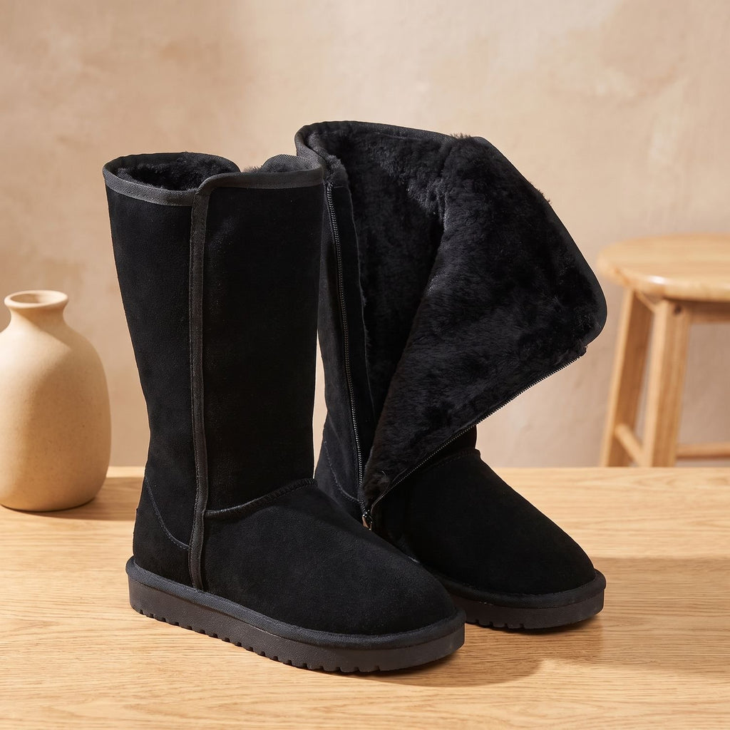 Women's Fur-Lined Genuine Leather Knee High Boots Waterproof - Black