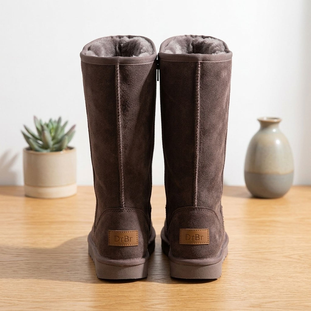 Women's Fur-Lined Genuine Leather Knee High Boots Waterproof