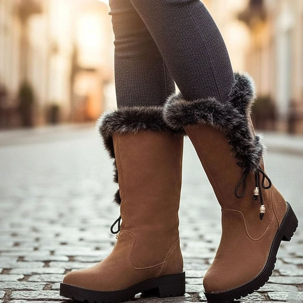 Women's Fur-Trimmed Knee-High Winter Snow Boots - Yellow