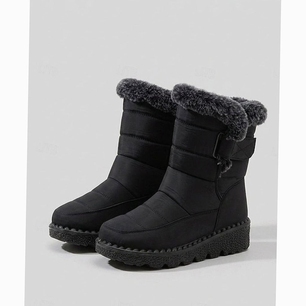 Women's Fur-Trimmed Quilted Slip-On Snow Boots - Black