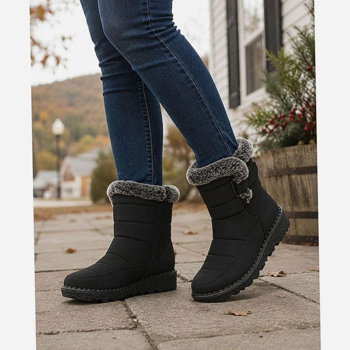 Women's Fur-Trimmed Quilted Slip-On Snow Boots