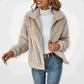 Women's Fuzzy Zip-Up Quilted Jacket Plush Fleece Cardigan Coat - Apricot