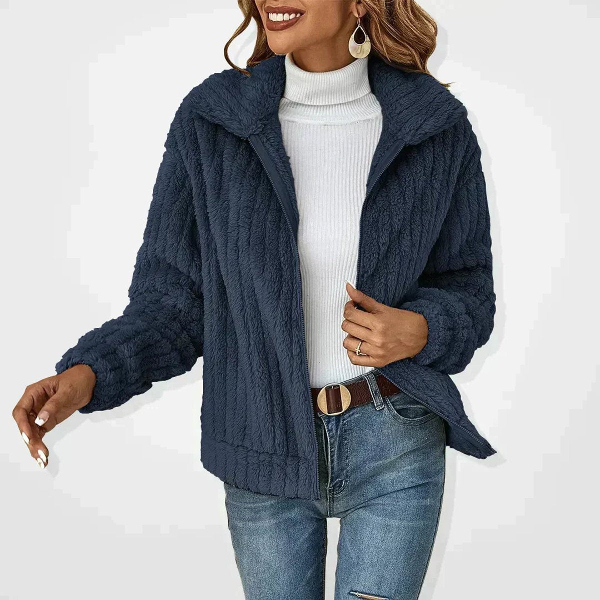 Women's Fuzzy Zip-Up Quilted Jacket Plush Fleece Cardigan Coat - Navy Blue