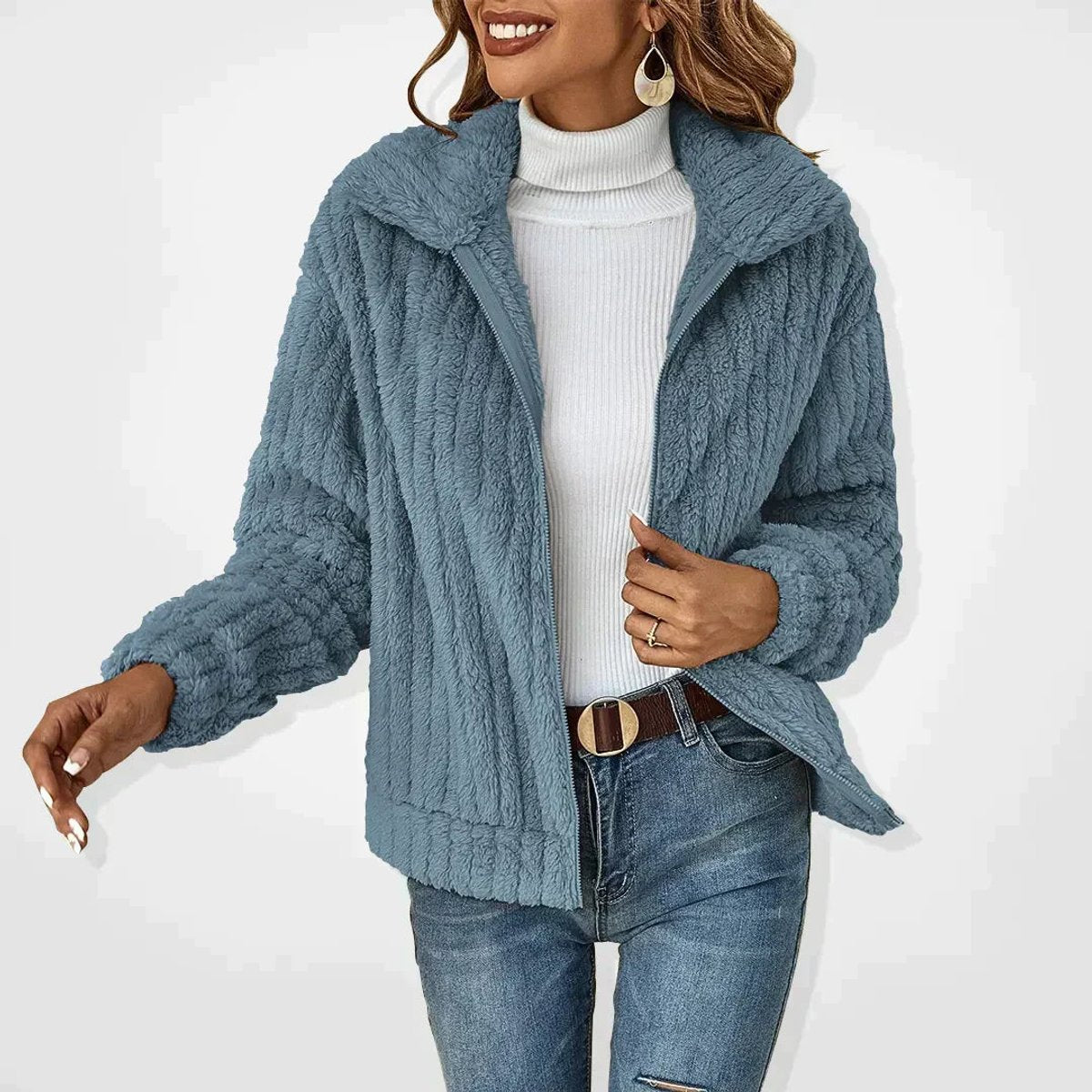 Women's Fuzzy Zip-Up Quilted Jacket Plush Fleece Cardigan Coat - Blue
