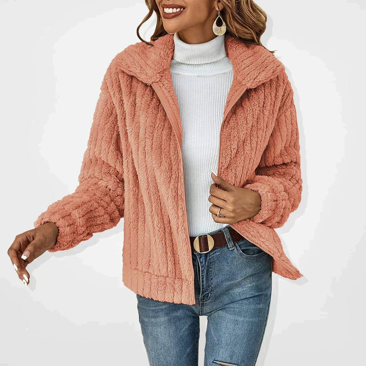 Women's Fuzzy Zip-Up Quilted Jacket Plush Fleece Cardigan Coat - Rose