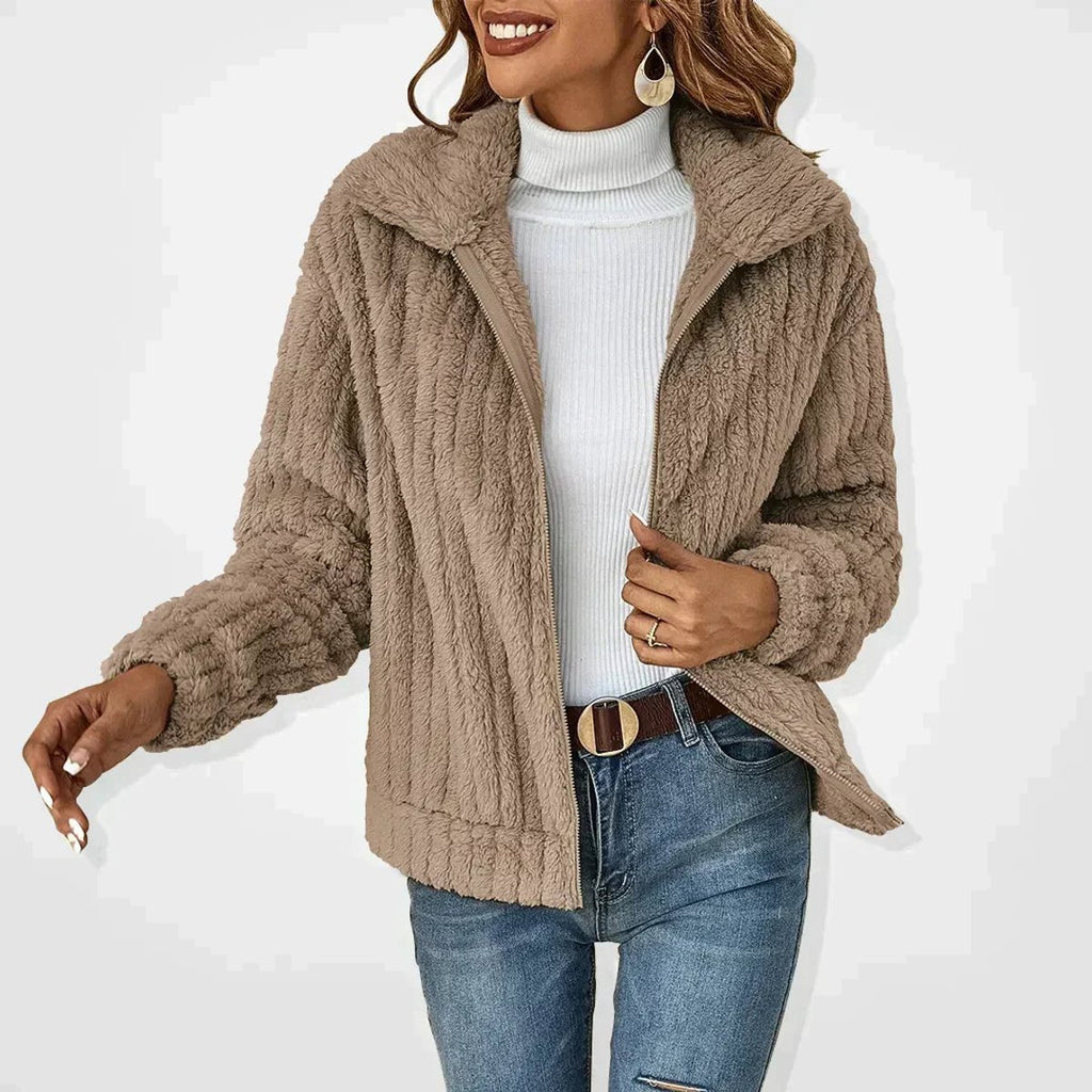 Women's Fuzzy Zip-Up Quilted Jacket Plush Fleece Cardigan Coat - Khaki