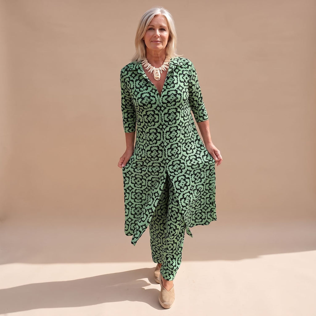 Women's Geometric Print V-Neck Two Piece Set Maxi Top Pants - Green