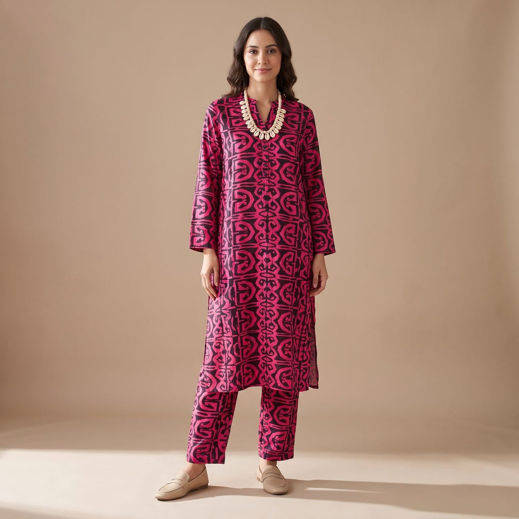 Women's Geometric Print V-Neck Two Piece Set Maxi Top Pants - Fuchsia