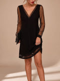 Women's Glitter Mesh Long-Sleeve V-Neck Christmas Party Dress - Black