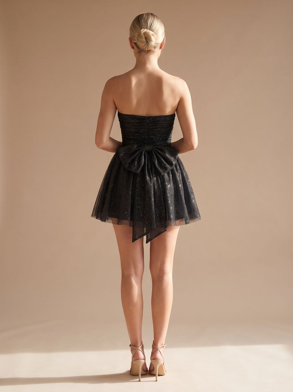 Women's Glitter Pleated Strapless Bustier Christmas Party Mini Dress
