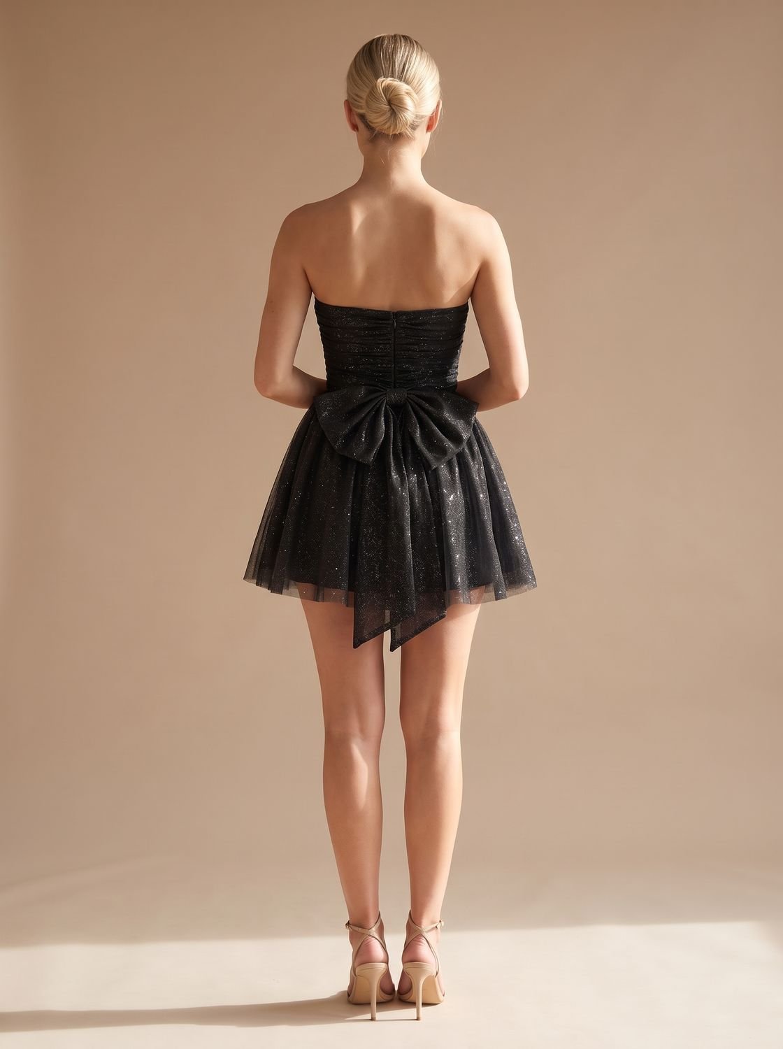 Women's Glitter Pleated Strapless Bustier Christmas Party Mini Dress