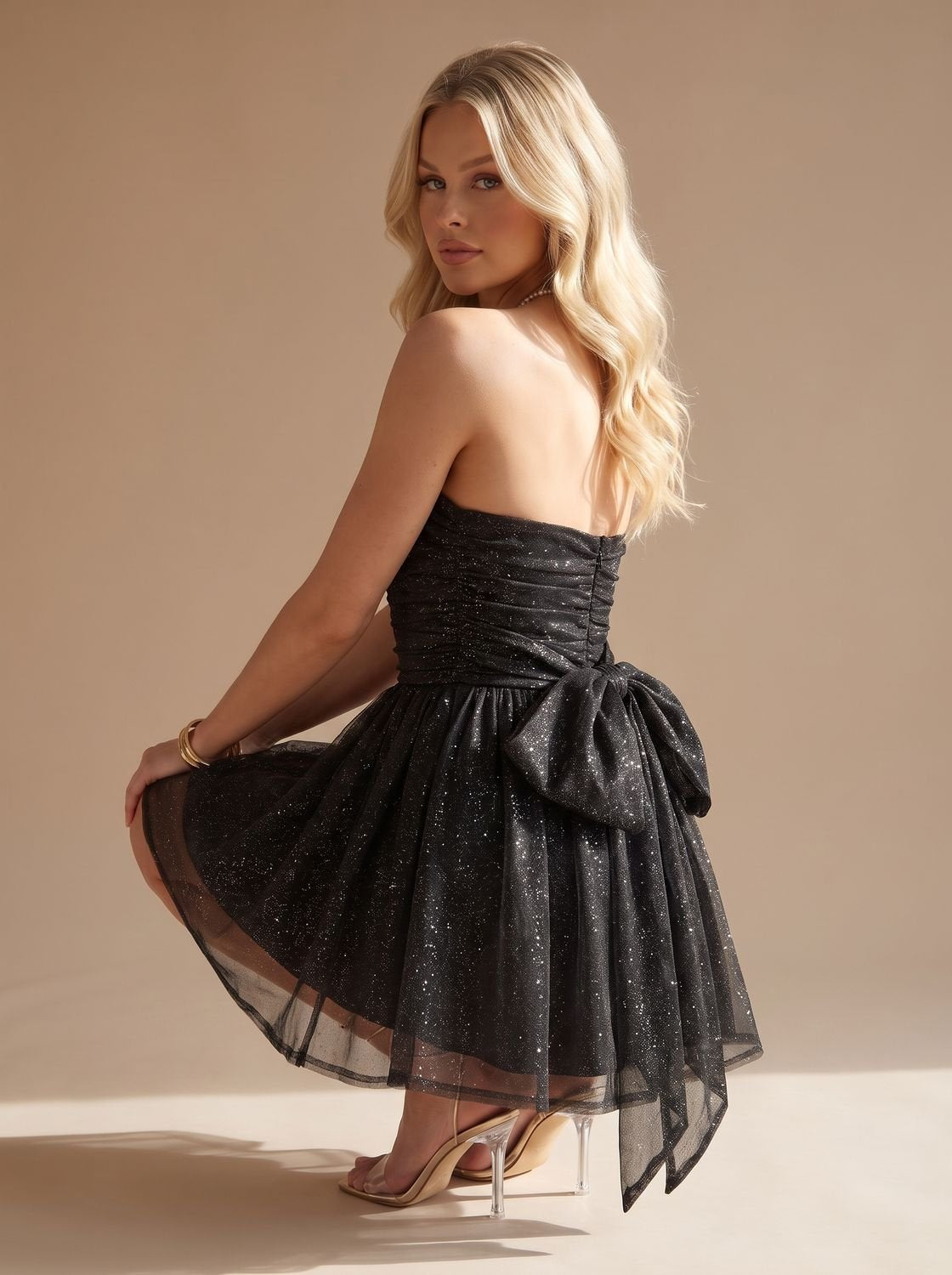 Women's Glitter Pleated Strapless Bustier Christmas Party Mini Dress
