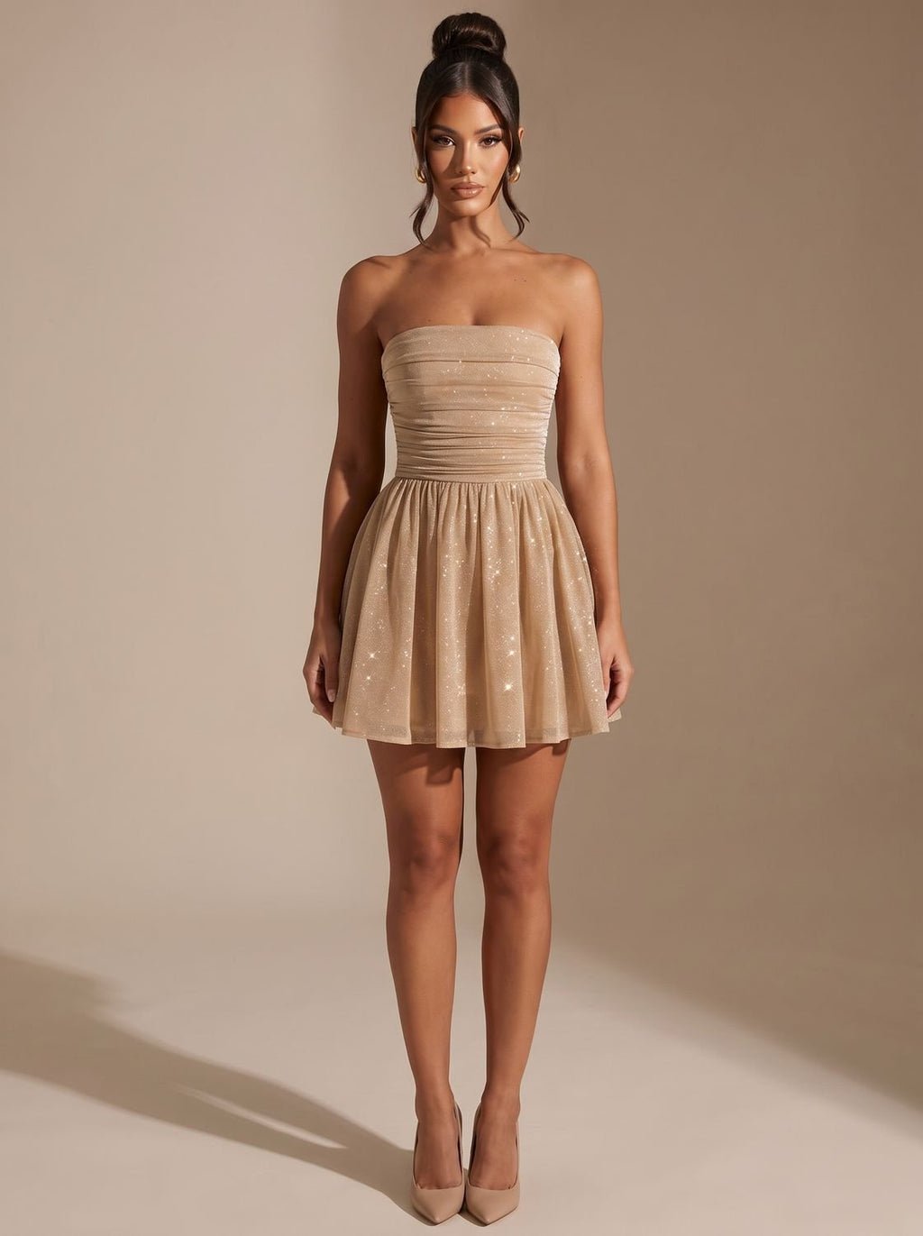 Women's Glitter Strapless Fit-and-Flare Mini Sequin Dress - Gold