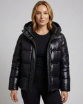 Women's Glossy Hooded Loose-Fit Quilted Jacket - Black