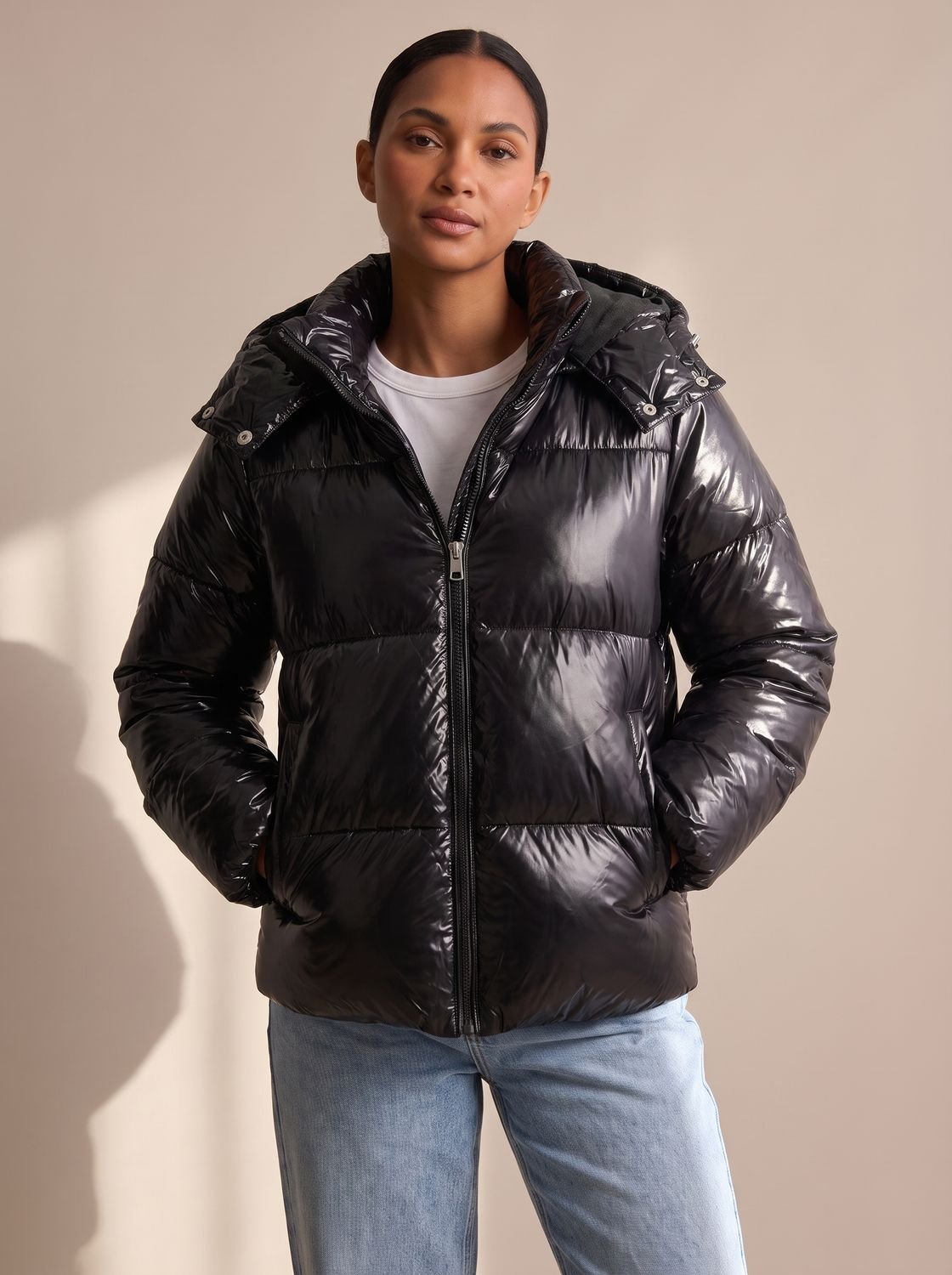 Women's Glossy Hooded Quilted Puffer Jacket - Black