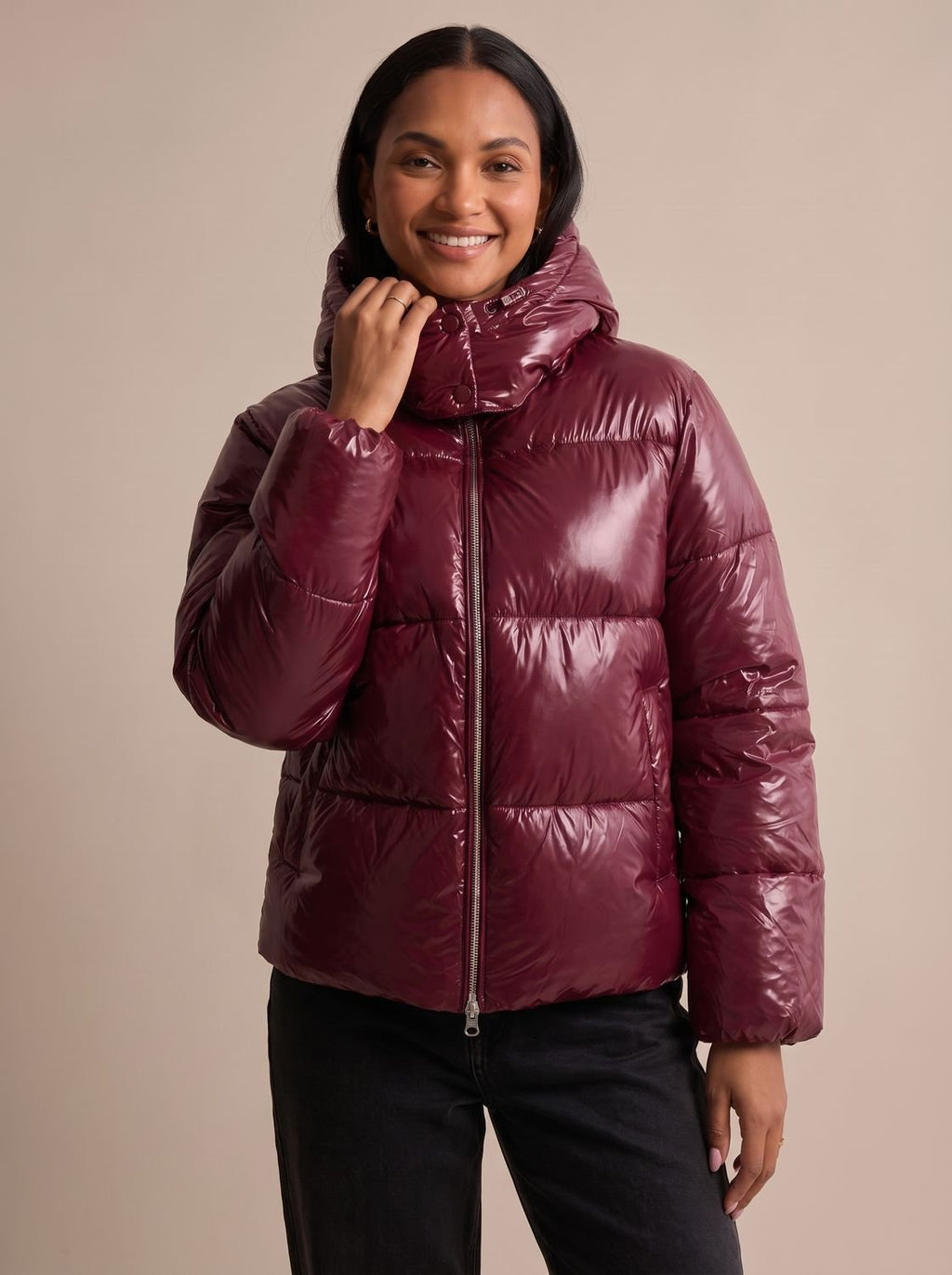Women's Glossy Hooded Quilted Puffer Jacket - Red