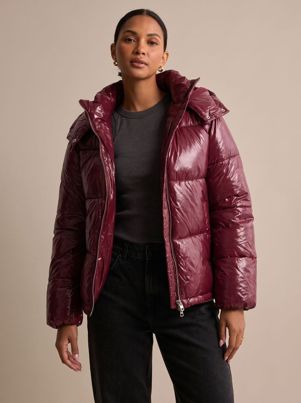 Women's Glossy Hooded Quilted Puffer Jacket