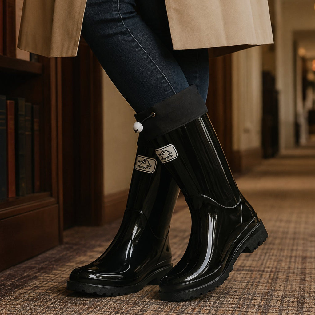 Women's Glossy Rubber Drawstring Knee-High Rain Boots - Black
