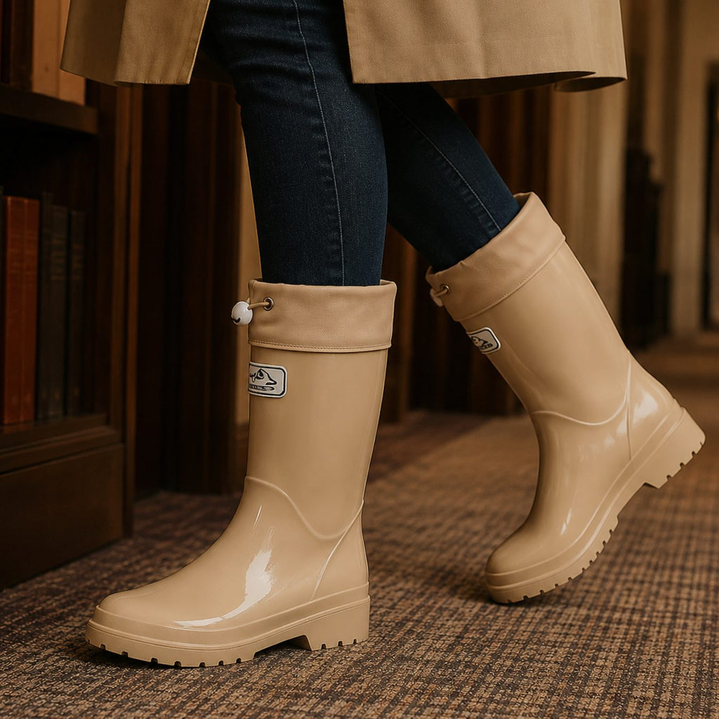 Women's Glossy Rubber Drawstring Knee-High Rain Boots - Beige