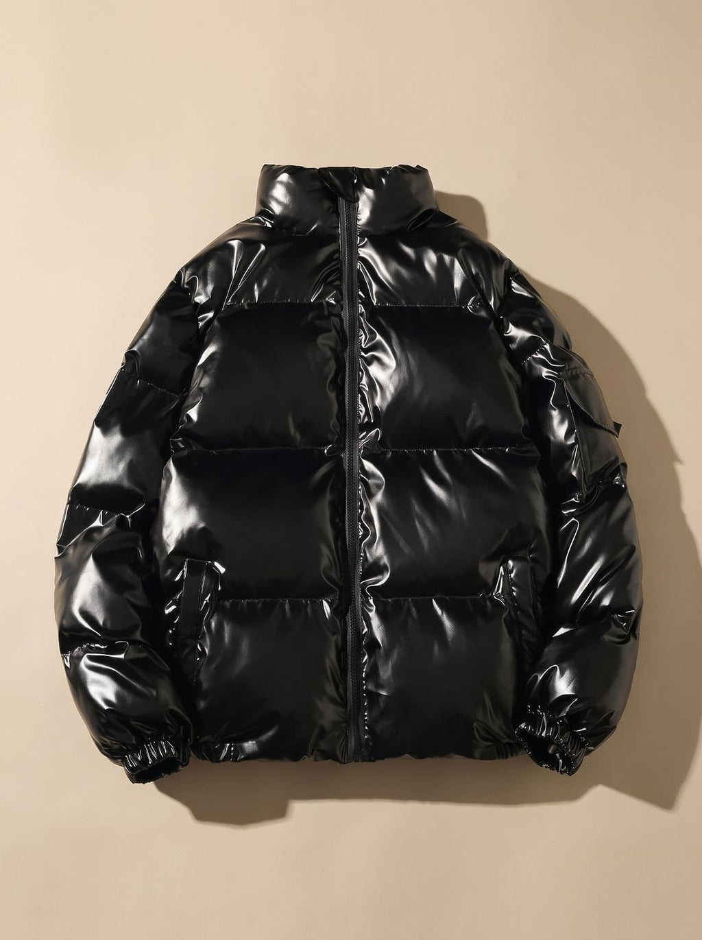 Women's Glossy Stand-Collar Quilted Puffer Jacket - Stand Collar Black
