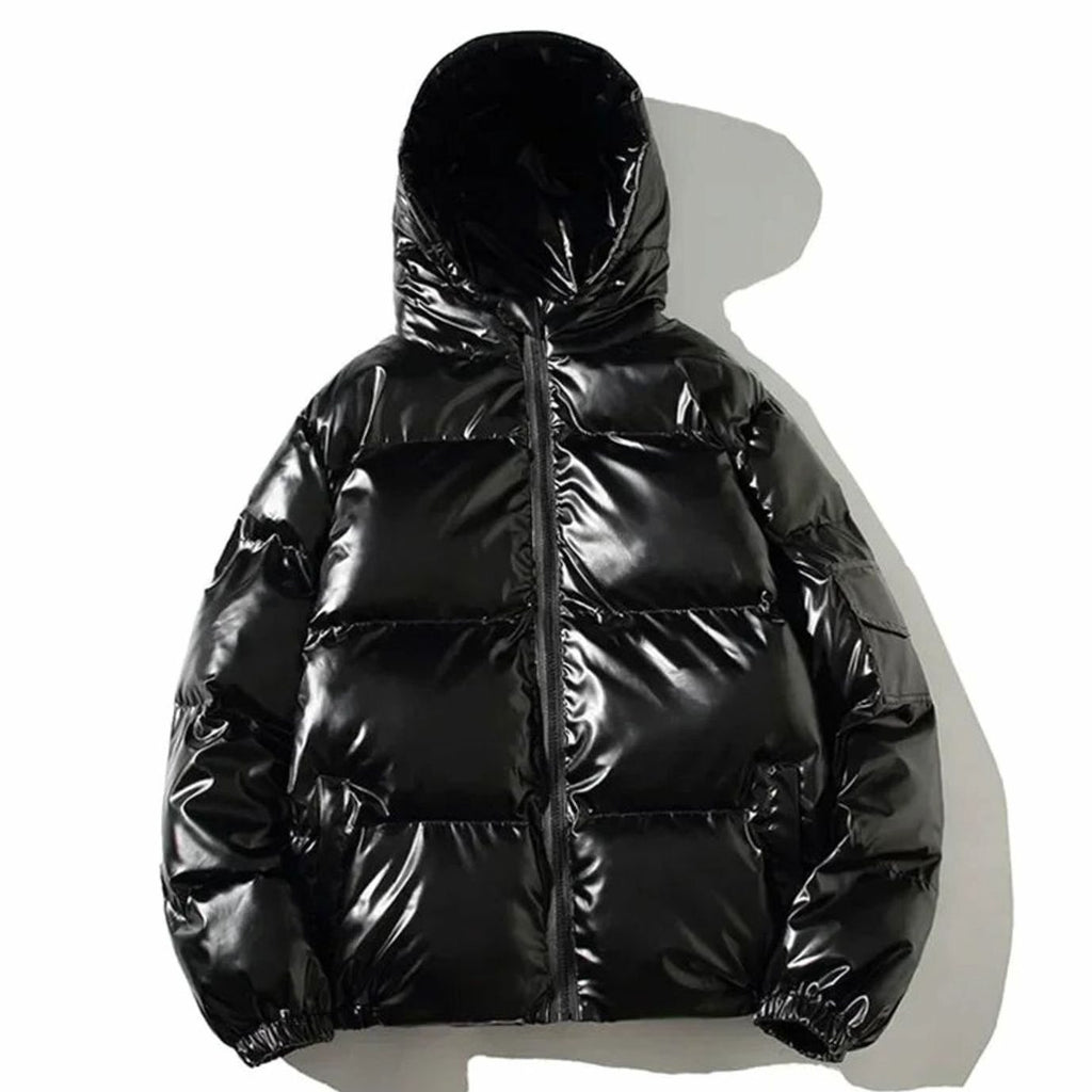 Women's Glossy Stand-Collar Quilted Puffer Jacket - Hood Black