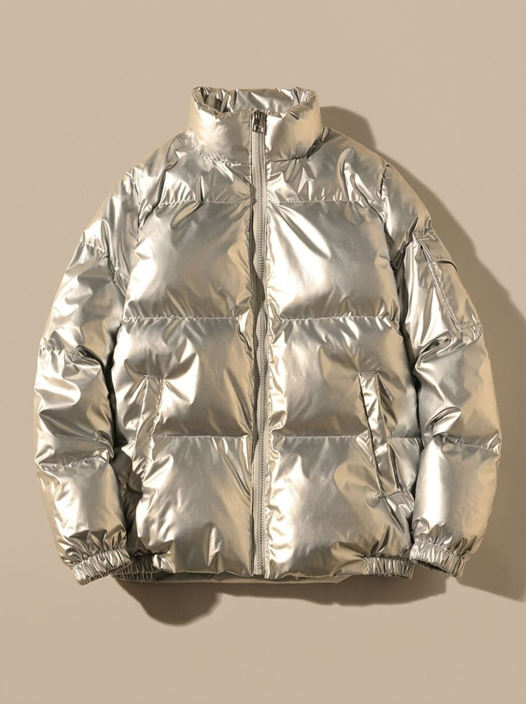 Women's Glossy Stand-Collar Quilted Puffer Jacket - Stand Collar Silver