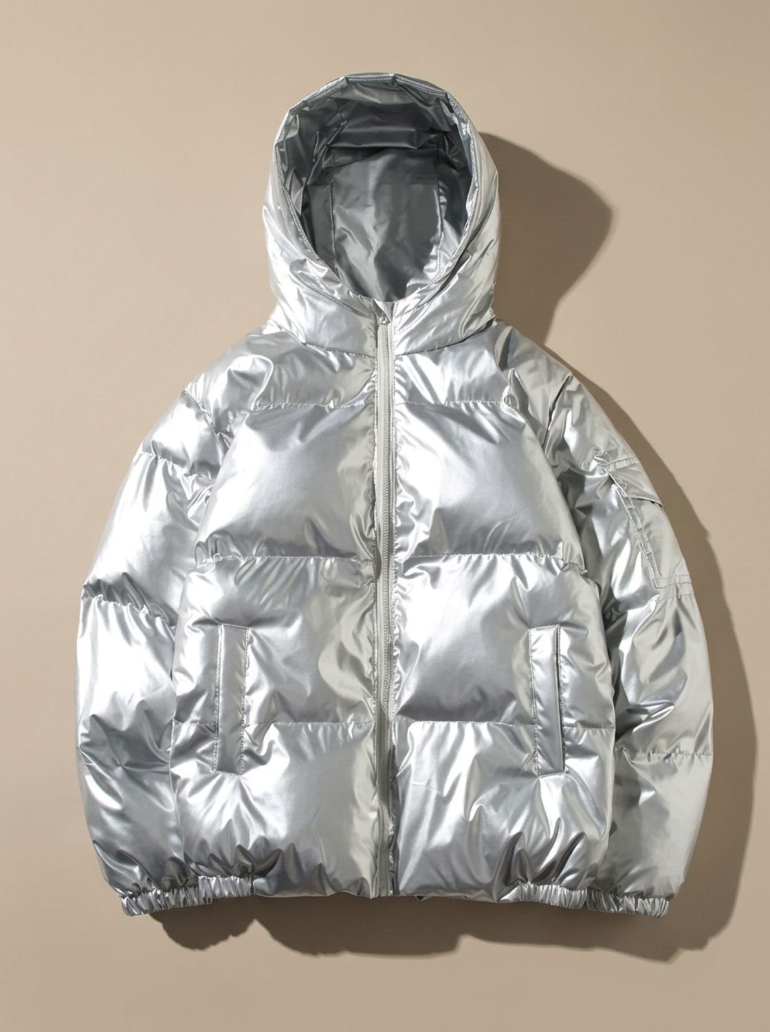 Women's Glossy Stand-Collar Quilted Puffer Jacket - Hood Silver