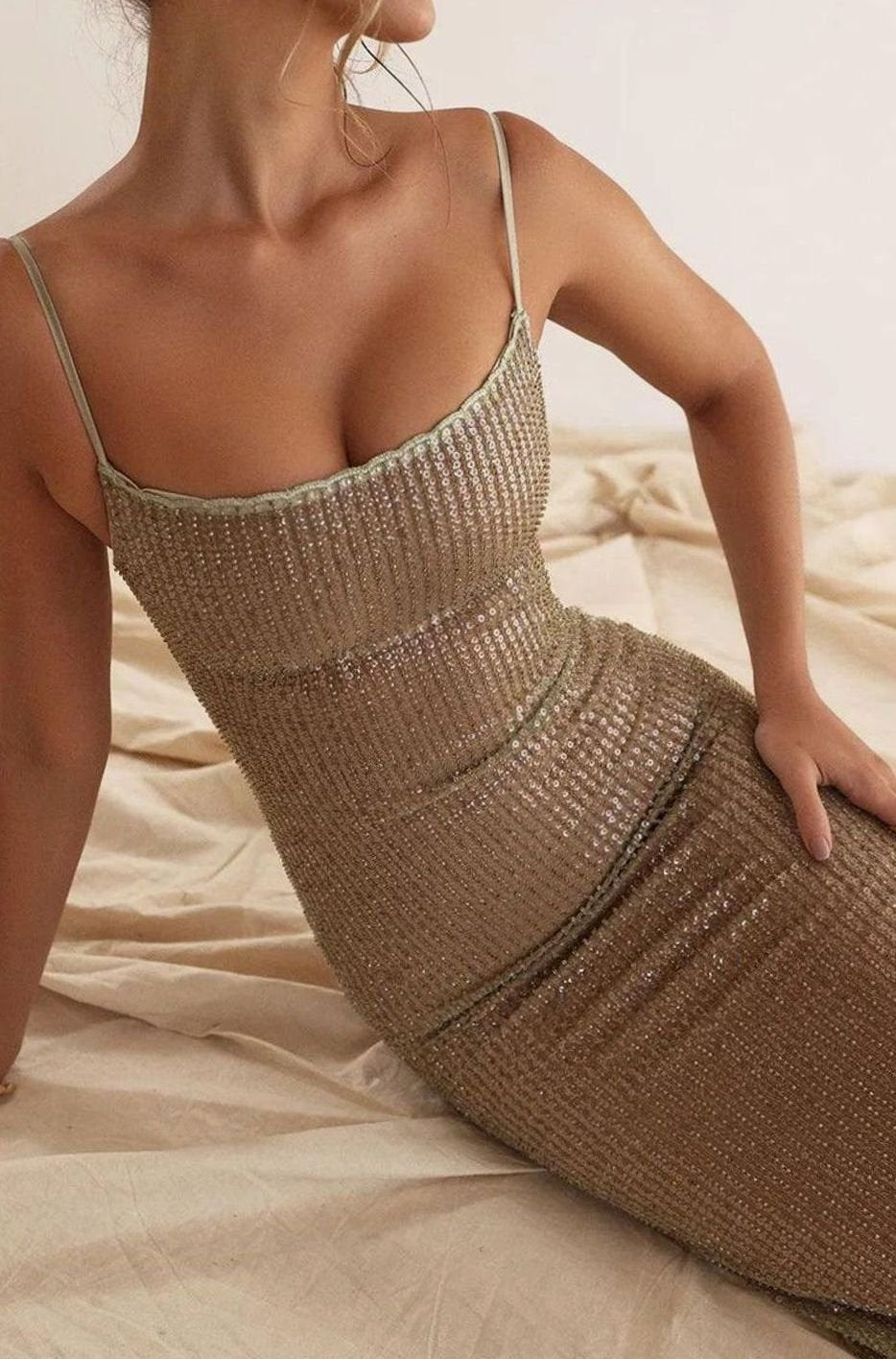 Women's Gold Glitter Spaghetti Strap Christmas Party Dress - Apricot