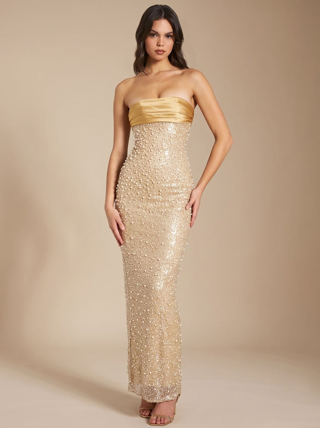 Women's Gold Sequin Strapless Maxi Dress Straight Neckline - Gold