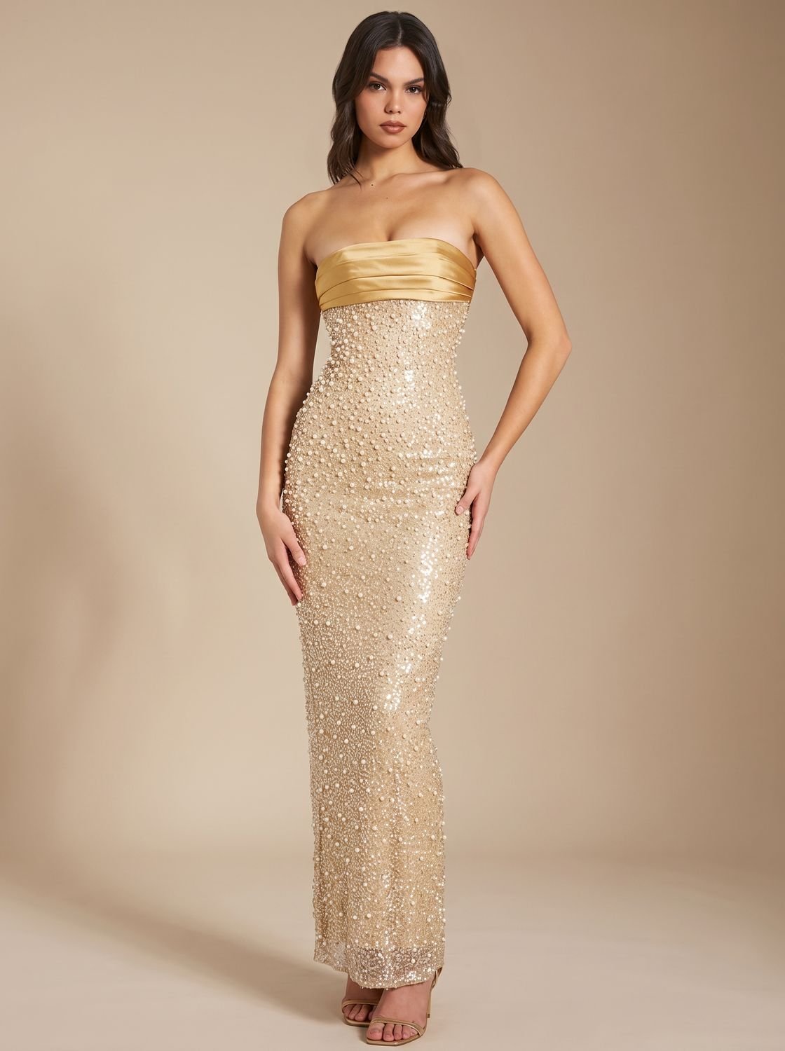 Women's Gold Sequin Strapless Maxi Dress Straight Neckline - Gold