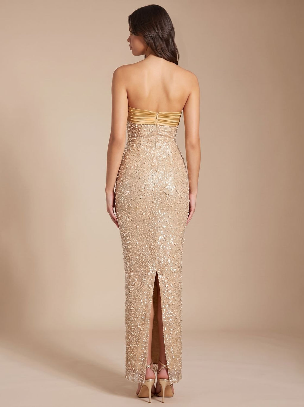Women's Gold Sequin Strapless Maxi Dress Straight Neckline