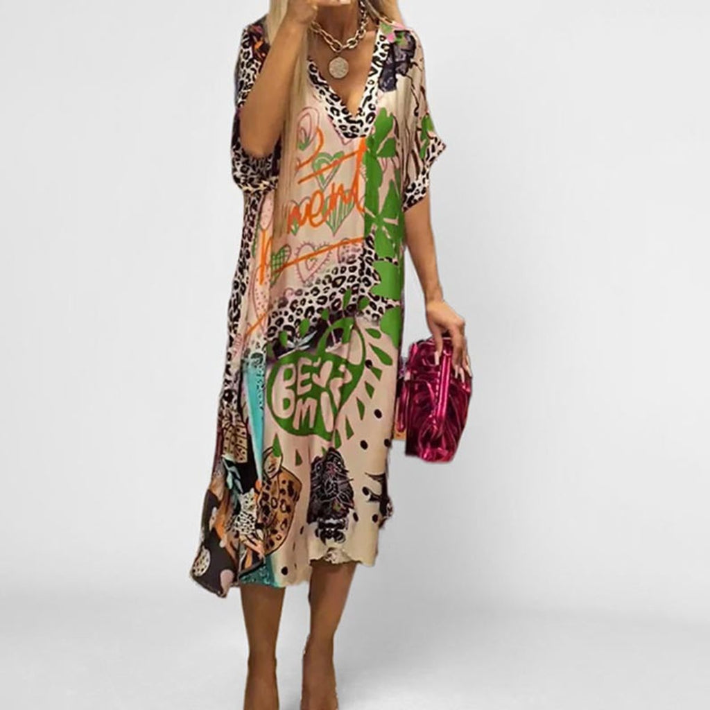 Women's Graphic Print V-Neck Relaxed Swing Tunic Dress - Green