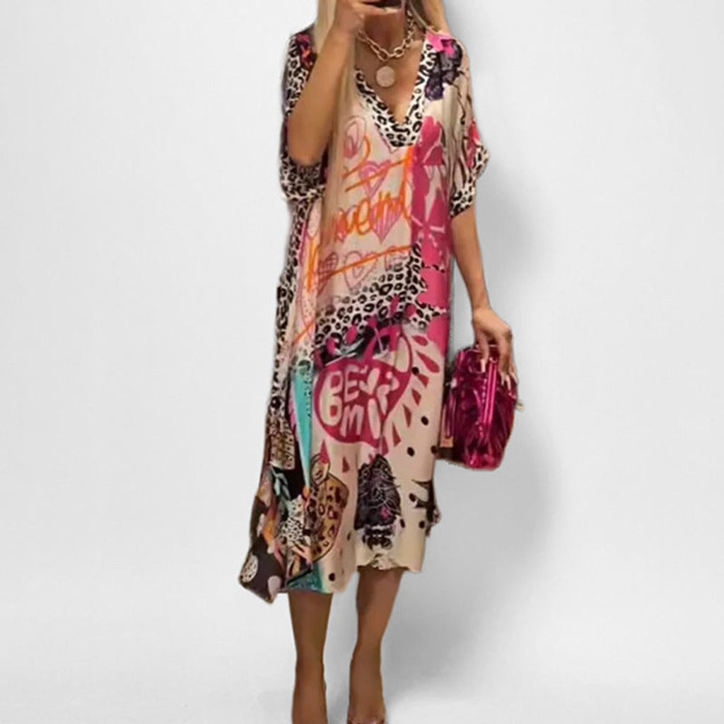 Women's Graphic Print V-Neck Relaxed Swing Tunic Dress - Pink