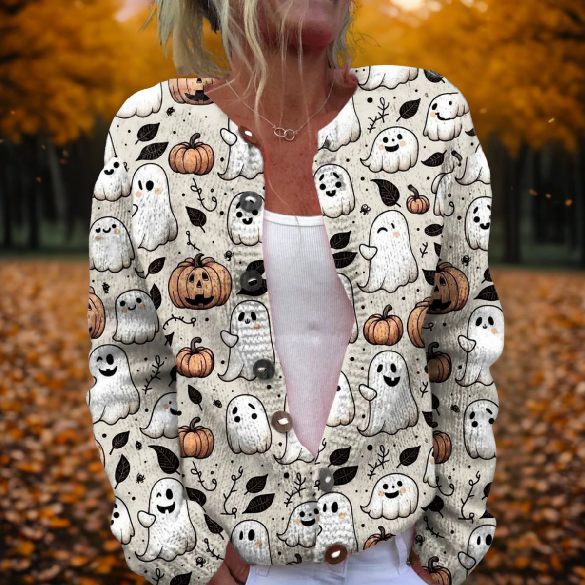 Women's Halloween Ghost Pumpkin Print Open-Front Cardigan - MultiColor