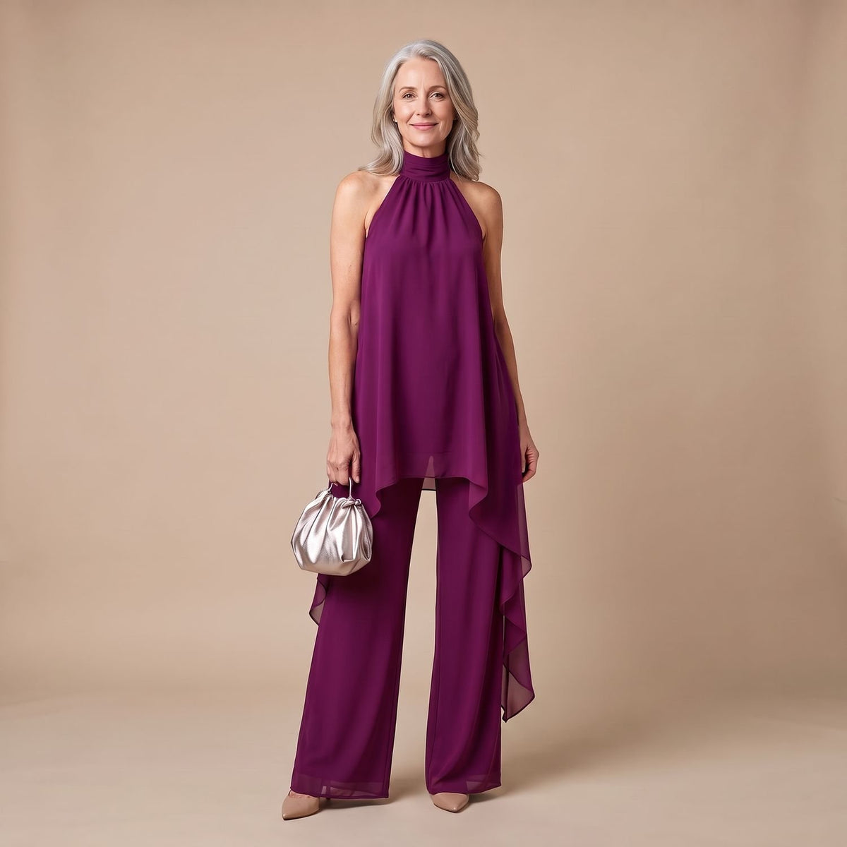Women's Halter Asymmetric Chiffon Two Piece Set Wide-Leg Pants