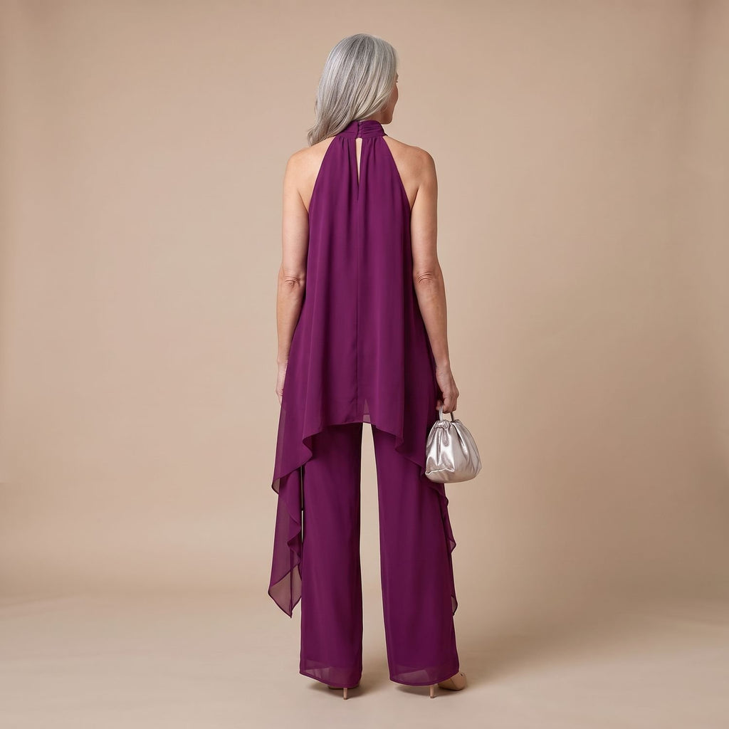 Women's Halter Asymmetric Chiffon Two Piece Set Wide-Leg Pants