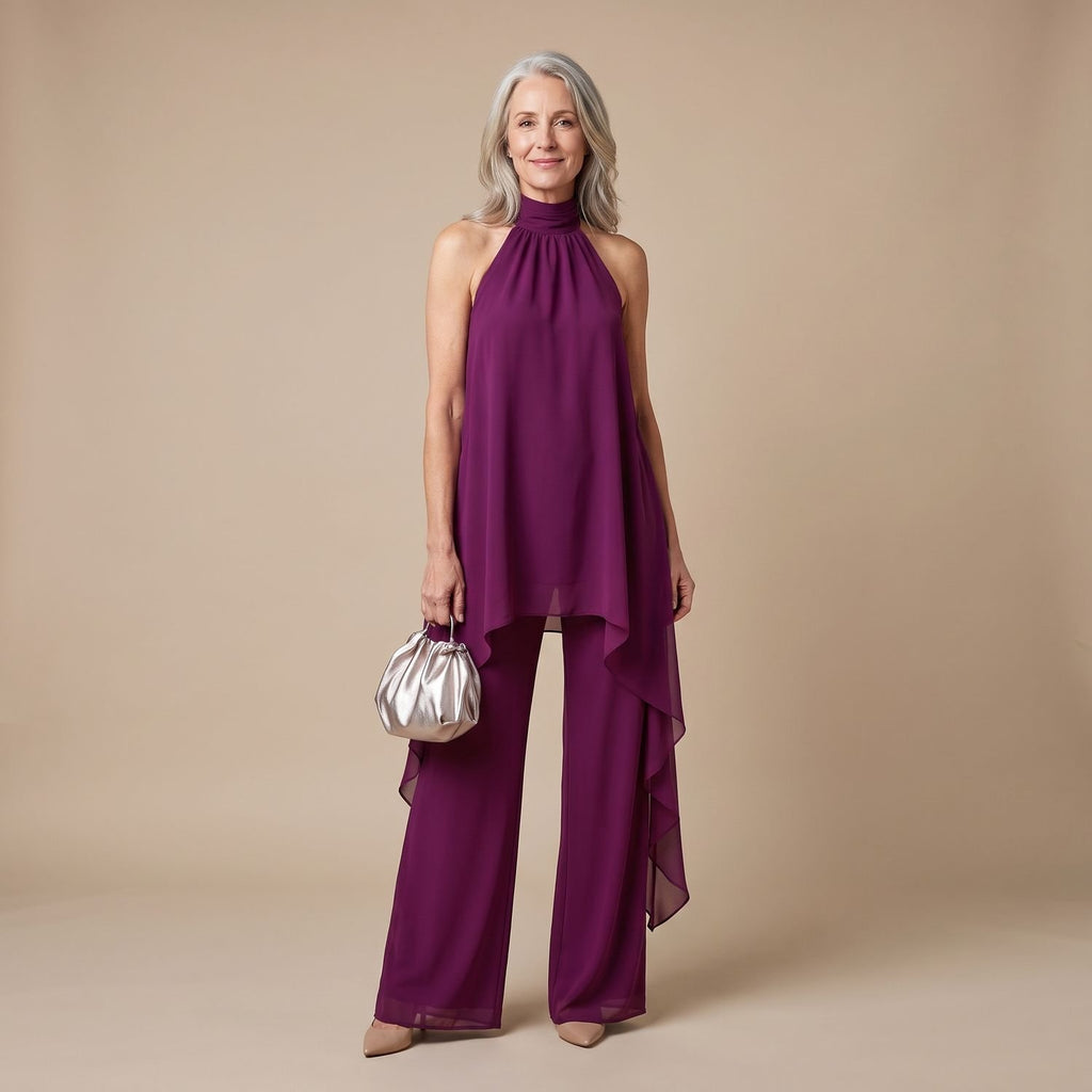 Women's Halter Asymmetric Chiffon Two Piece Set Wide-Leg Pants